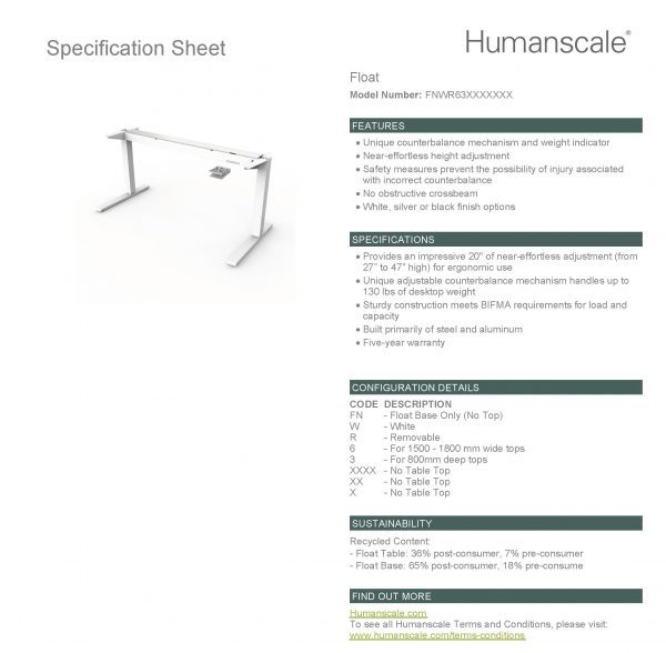 Humanscale Float Table - White (1500×750) : Specification Sheet