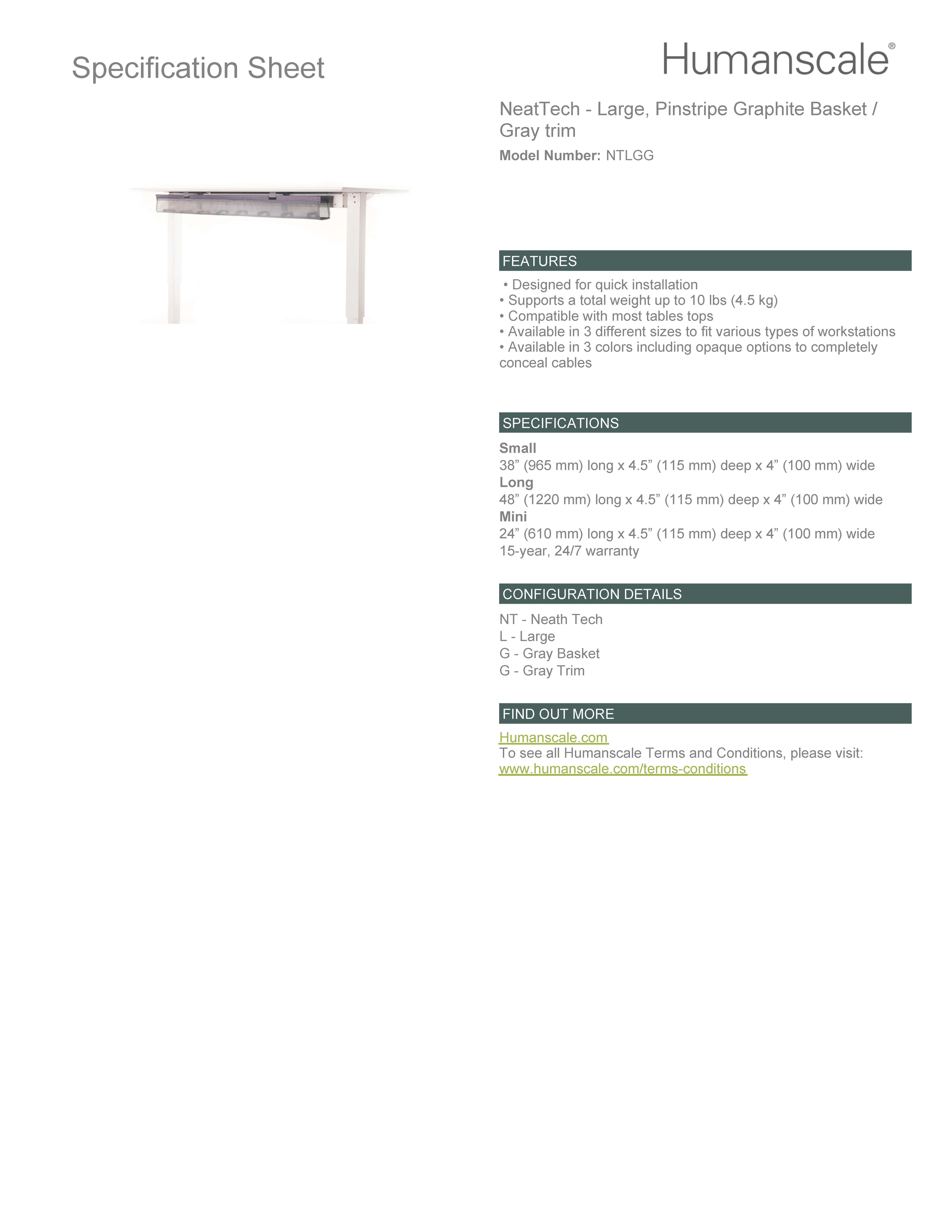 NeatTech Large Under Desk Cable Organiser - Specification Sheet